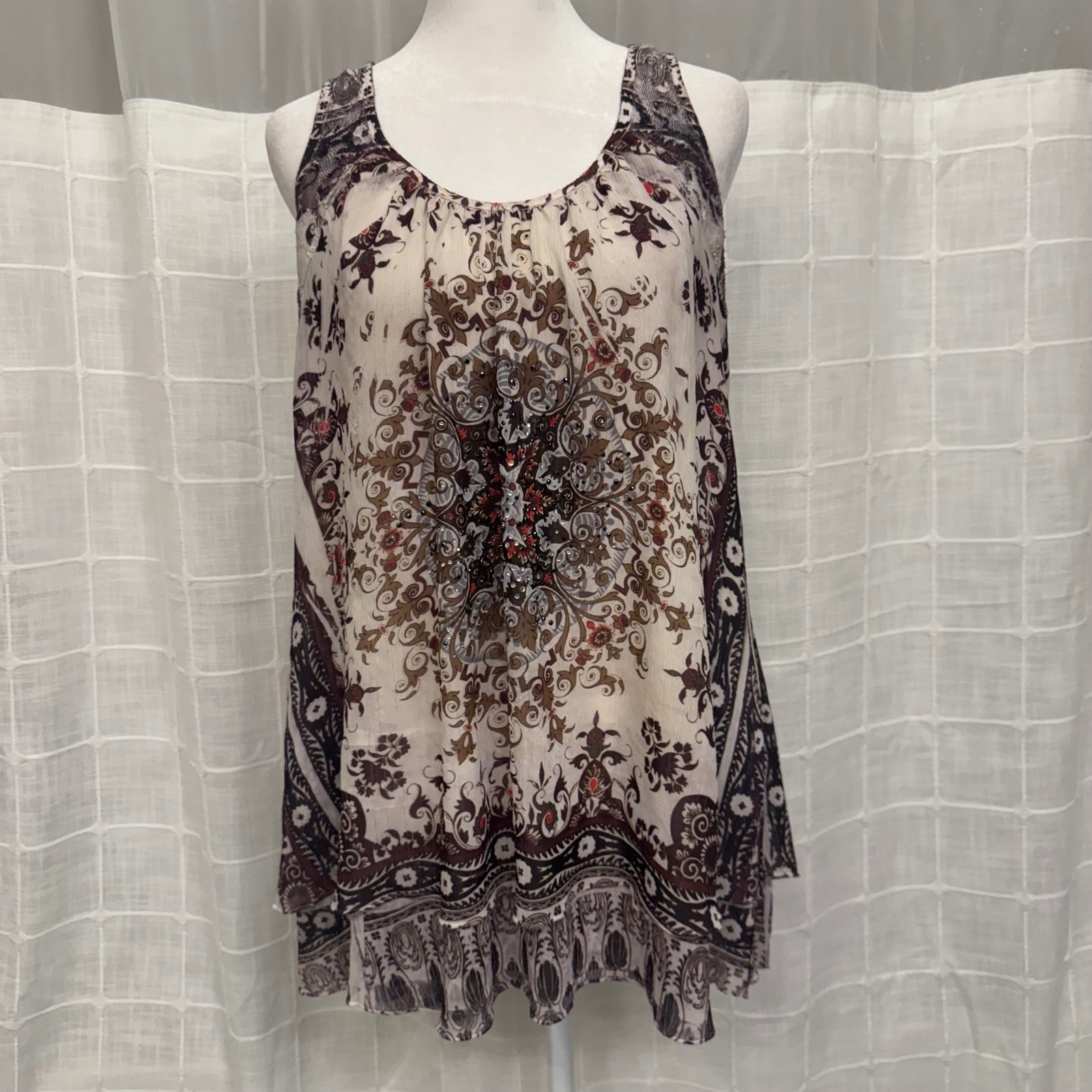 Womens Boho Medallion Print Sleeveless Racerback Flowy Tunic Top Multi-Color